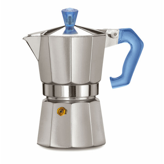 PEZZETTI ITALEXPRESS ALUMINIUM MOKA POT - 3 CUP TEAL BLUE POLYCARBONATE HANDLE