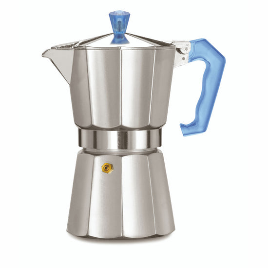 PEZZETTI ITALEXPRESS ALUMINIUM MOKA POT - 6 CUP TEAL BLUE POLYCARBONATE HANDLE